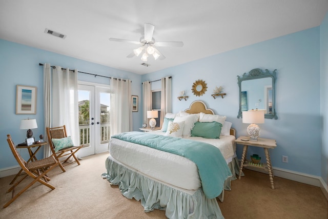 carpeted bedroom featuring french doors, ceiling fan, and access to exterior