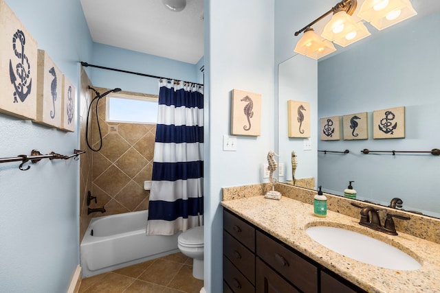 full bathroom featuring tile patterned flooring, vanity, shower / bath combination with curtain, and toilet