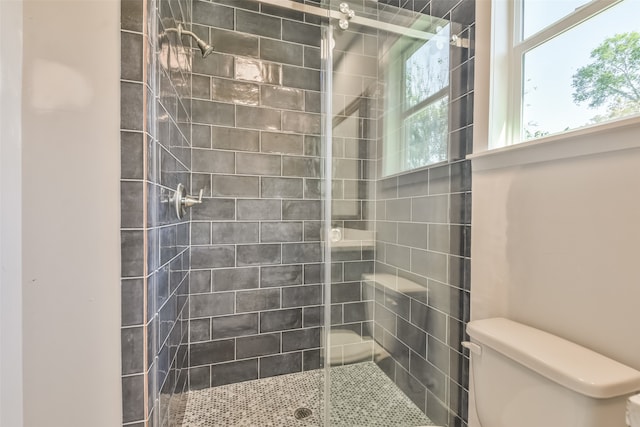 bathroom featuring walk in shower and toilet