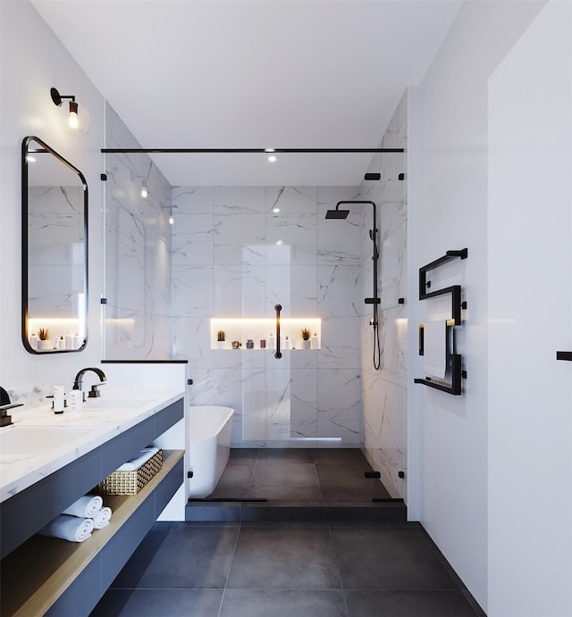 bathroom featuring large vanity, tile floors, dual sinks, and tiled shower