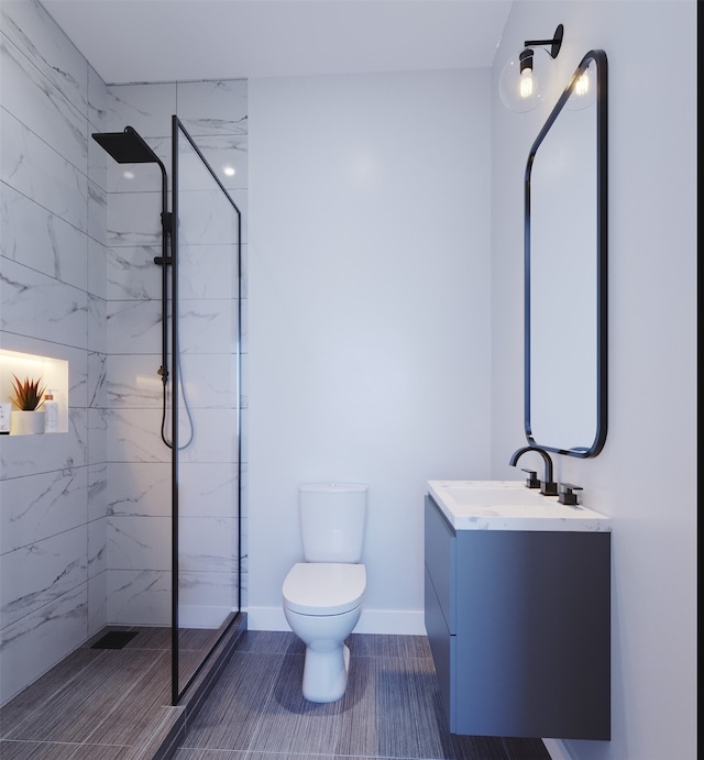 bathroom with tile flooring, a shower with door, toilet, and oversized vanity