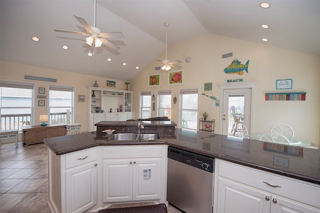 kitchen with white cabinetry, sink, light tile floors, dishwasher, and ceiling fan