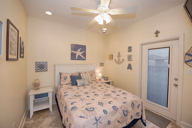 bedroom with ceiling fan and tile flooring