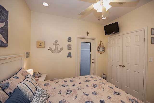 bedroom with a closet and ceiling fan