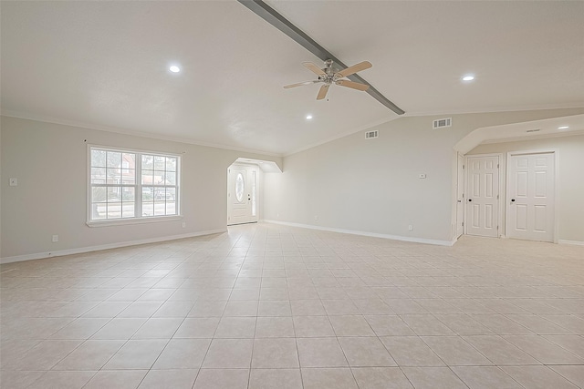 unfurnished room with light tile patterned floors, lofted ceiling with beams, ceiling fan, and crown molding