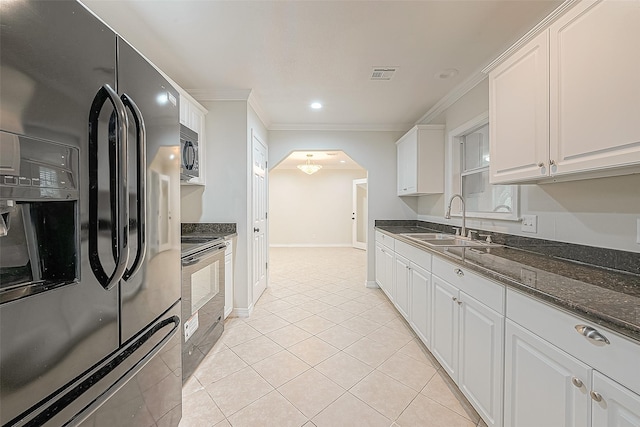 kitchen with black fridge with ice dispenser, electric stove, white cabinets, ornamental molding, and sink