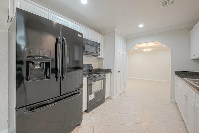 kitchen with light tile patterned flooring, white cabinetry, ornamental molding, and black appliances