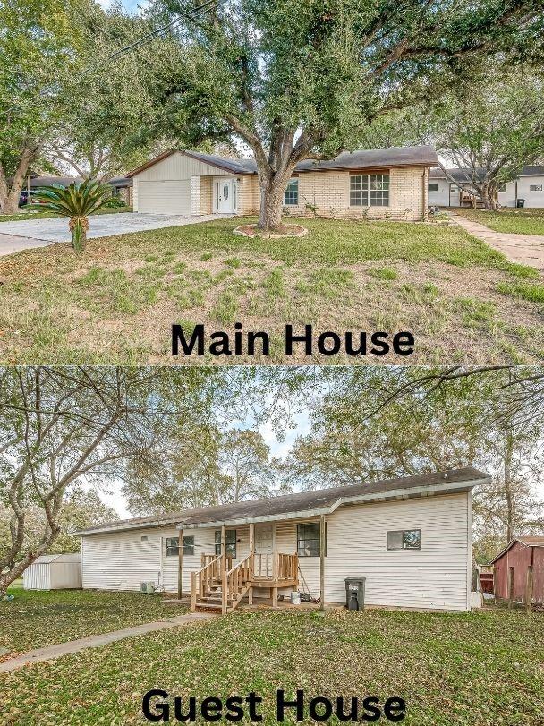 ranch-style house featuring a front yard, a garage, and an outdoor structure