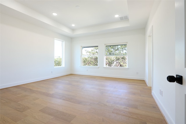 unfurnished room with a raised ceiling and light wood-type flooring