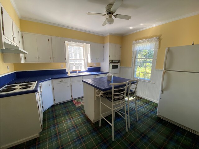 kitchen with a healthy amount of sunlight, ornamental molding, white cabinets, and white appliances