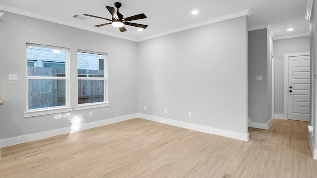 empty room with light hardwood / wood-style floors, ceiling fan, and ornamental molding