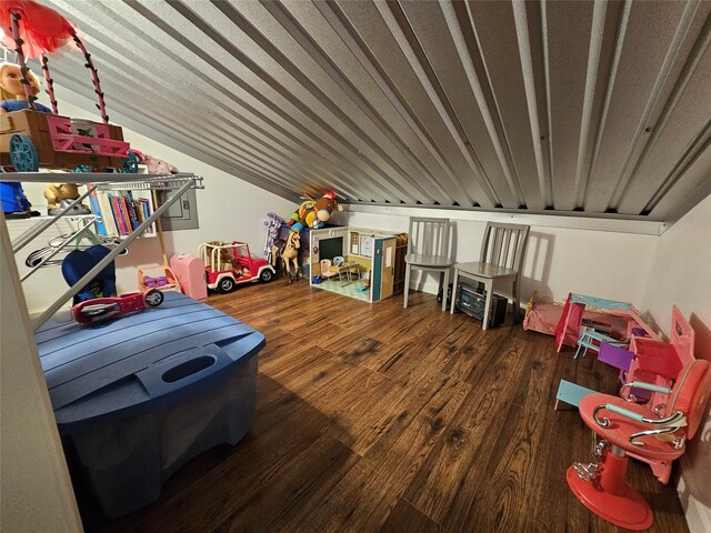 recreation room with dark hardwood / wood-style floors