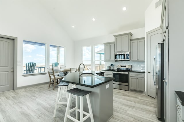 kitchen featuring light wood-type flooring, backsplash, stainless steel appliances, sink, and an island with sink