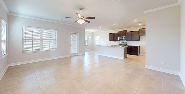 unfurnished living room with a healthy amount of sunlight, light tile flooring, and ceiling fan