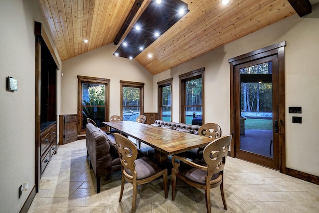 dining area with vaulted ceiling with beams and wooden ceiling