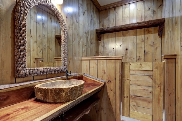 bathroom featuring vanity and wooden walls