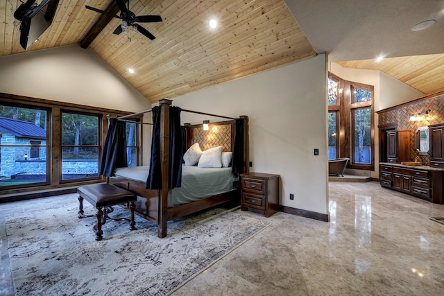 bedroom featuring ceiling fan, beam ceiling, high vaulted ceiling, and wooden ceiling