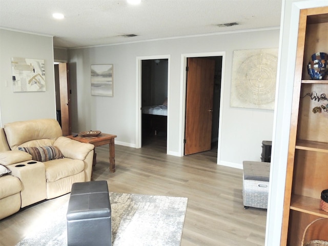 living room with a textured ceiling, light hardwood / wood-style floors, and crown molding