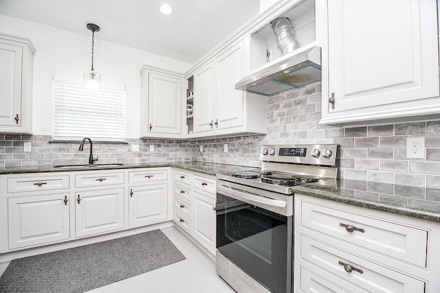 kitchen with backsplash, stainless steel electric stove, white cabinets, sink, and wall chimney exhaust hood