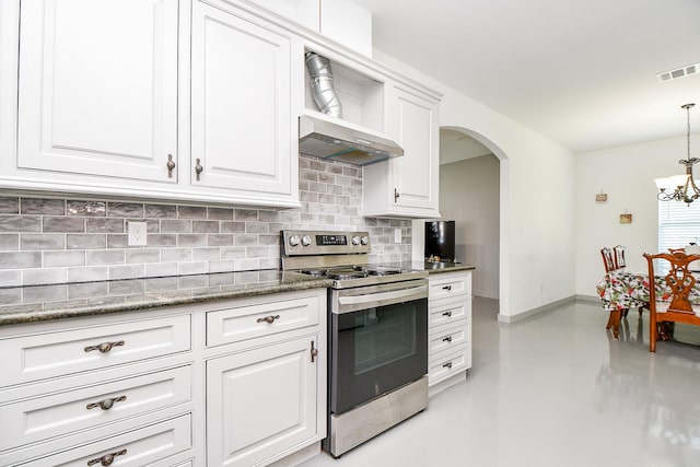 kitchen featuring backsplash, exhaust hood, pendant lighting, electric range, and white cabinetry