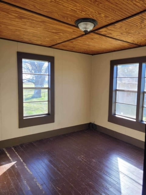 empty room with dark wood-type flooring and wood ceiling