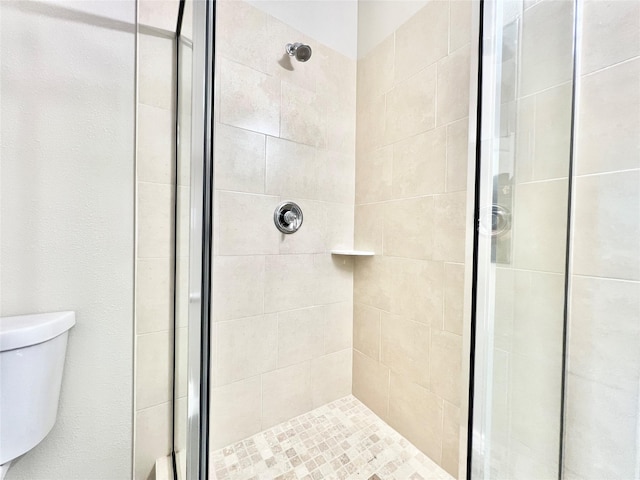 bathroom with a shower stall and toilet