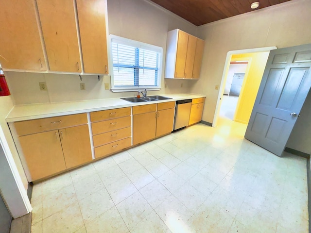 kitchen featuring stainless steel dishwasher, light tile patterned floors, sink, and wooden ceiling