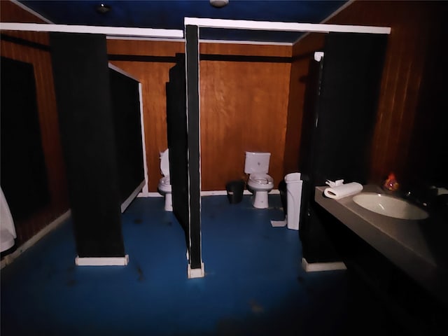 bathroom with wooden walls, vanity, and toilet