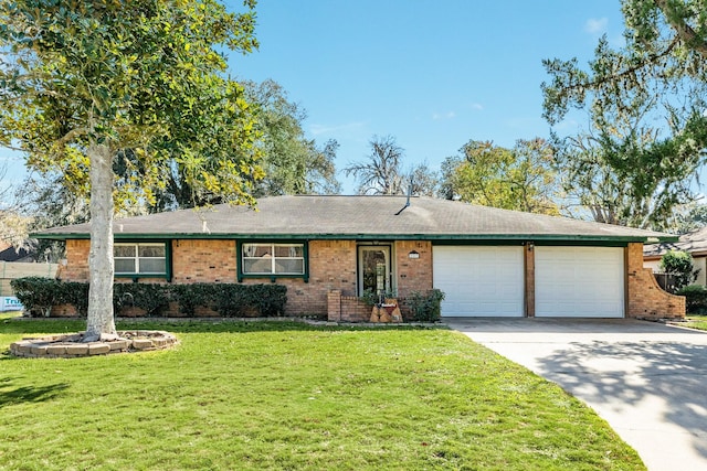 ranch-style house with a front yard and a garage