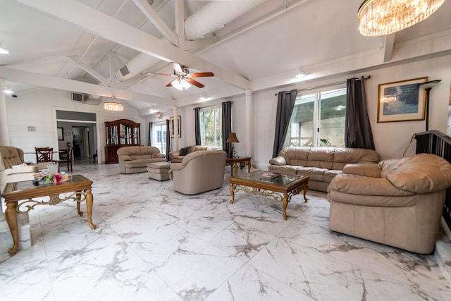 living room featuring an inviting chandelier and lofted ceiling with beams