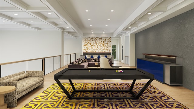 rec room featuring coffered ceiling, beamed ceiling, billiards, and light wood-type flooring