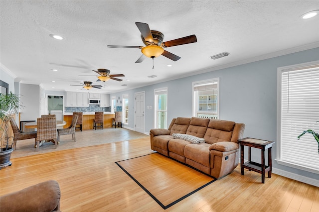 living room featuring crown molding, a wealth of natural light, and light hardwood / wood-style floors