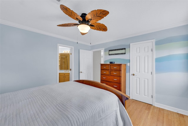 bedroom featuring ornamental molding, connected bathroom, ceiling fan, and light hardwood / wood-style floors