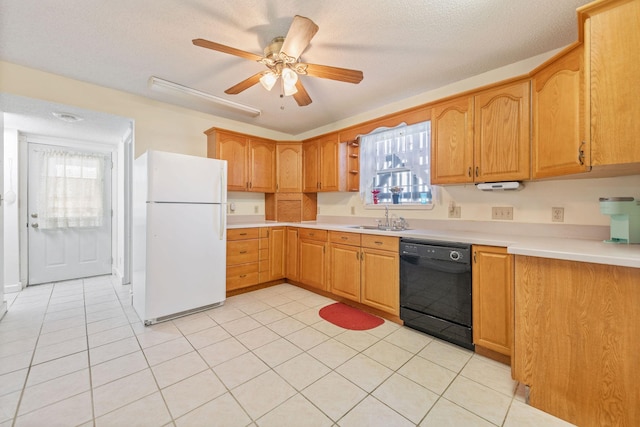 kitchen with ceiling fan, sink, black dishwasher, a textured ceiling, and white refrigerator