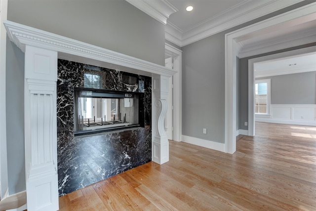 details featuring a premium fireplace, hardwood / wood-style floors, and crown molding