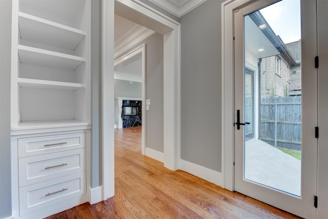 interior space with ornamental molding, light hardwood / wood-style flooring, and plenty of natural light