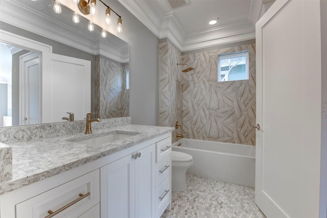 full bathroom featuring crown molding, vanity, toilet, and tiled shower / bath combo