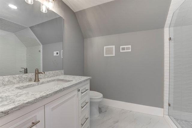 bathroom with vanity, an enclosed shower, vaulted ceiling, and toilet