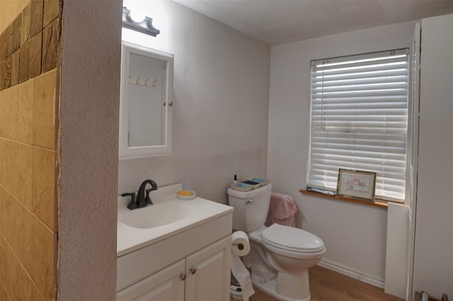 bathroom featuring vanity, toilet, and hardwood / wood-style flooring