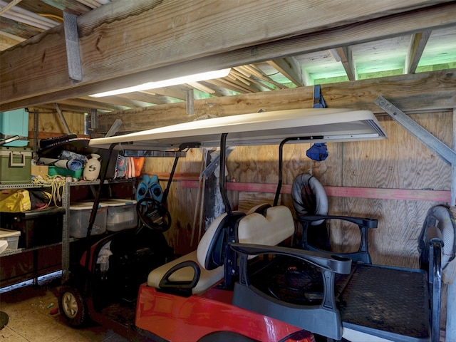 garage with wood walls