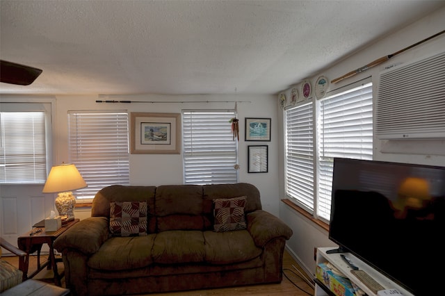 living room with a healthy amount of sunlight, a textured ceiling, and hardwood / wood-style floors