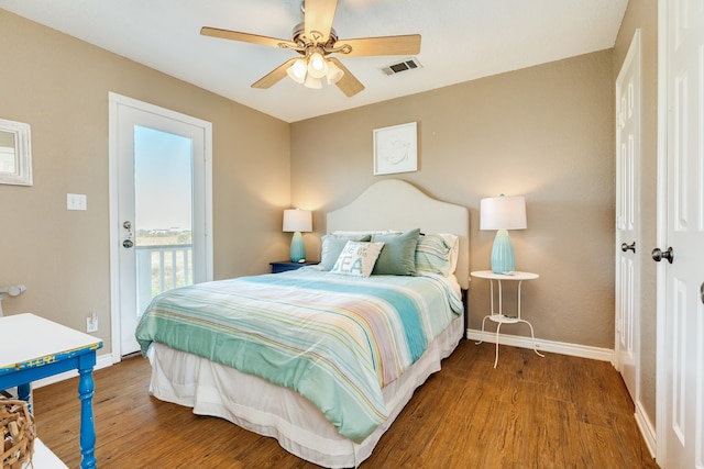 bedroom featuring wood-type flooring and ceiling fan