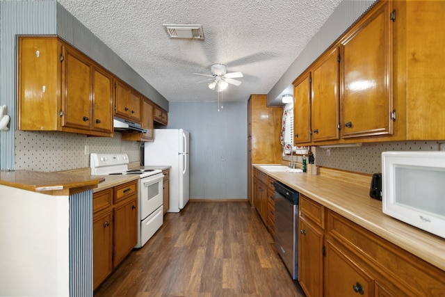 kitchen featuring a textured ceiling, white appliances, dark wood-type flooring, sink, and ceiling fan