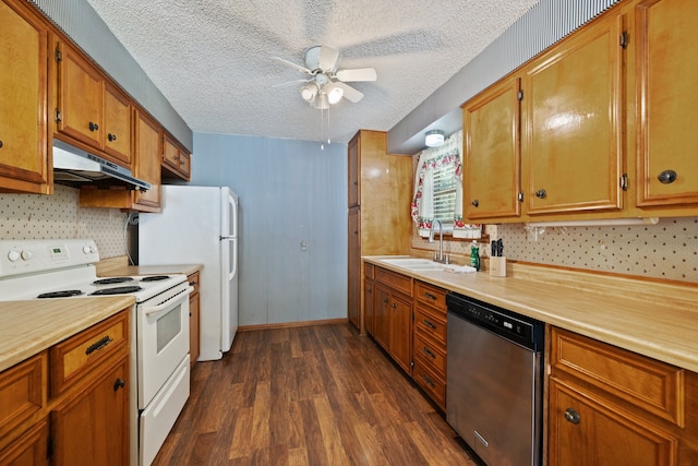 kitchen featuring dark hardwood / wood-style flooring, stainless steel dishwasher, white range with electric stovetop, ceiling fan, and a textured ceiling