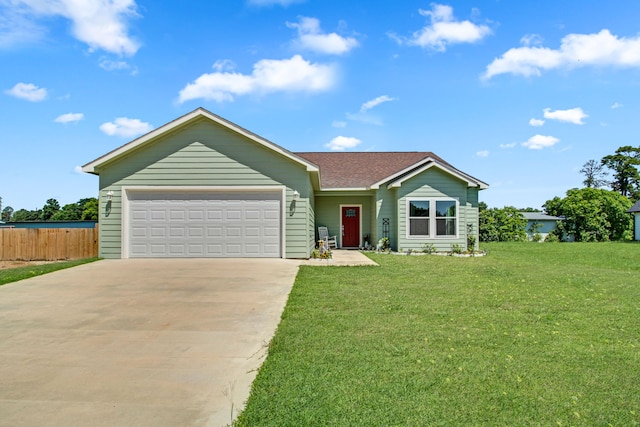 single story home featuring a front lawn and a garage