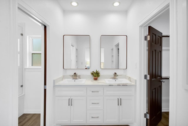 bathroom with wood-type flooring and vanity