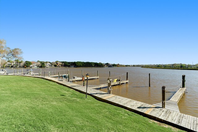 dock area featuring a water view and a yard