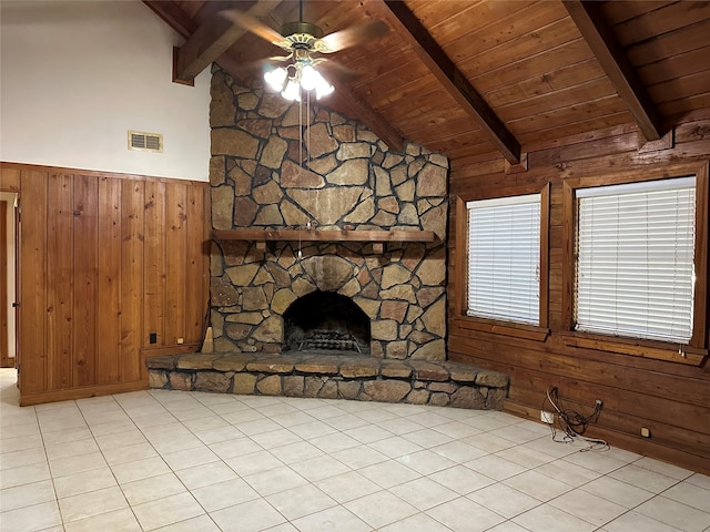 unfurnished living room with a fireplace, lofted ceiling with beams, wooden ceiling, wood walls, and ceiling fan