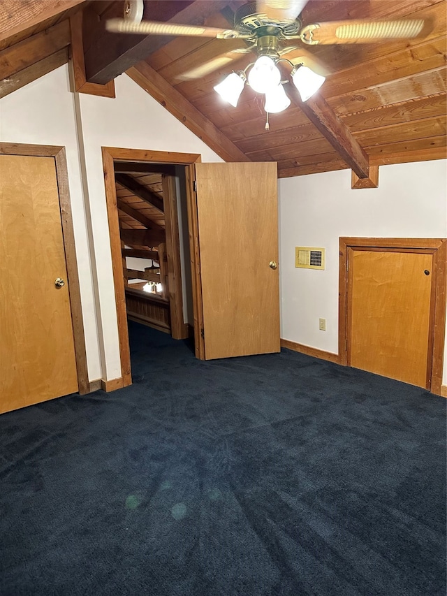 additional living space featuring ceiling fan, wood ceiling, carpet, and lofted ceiling with beams