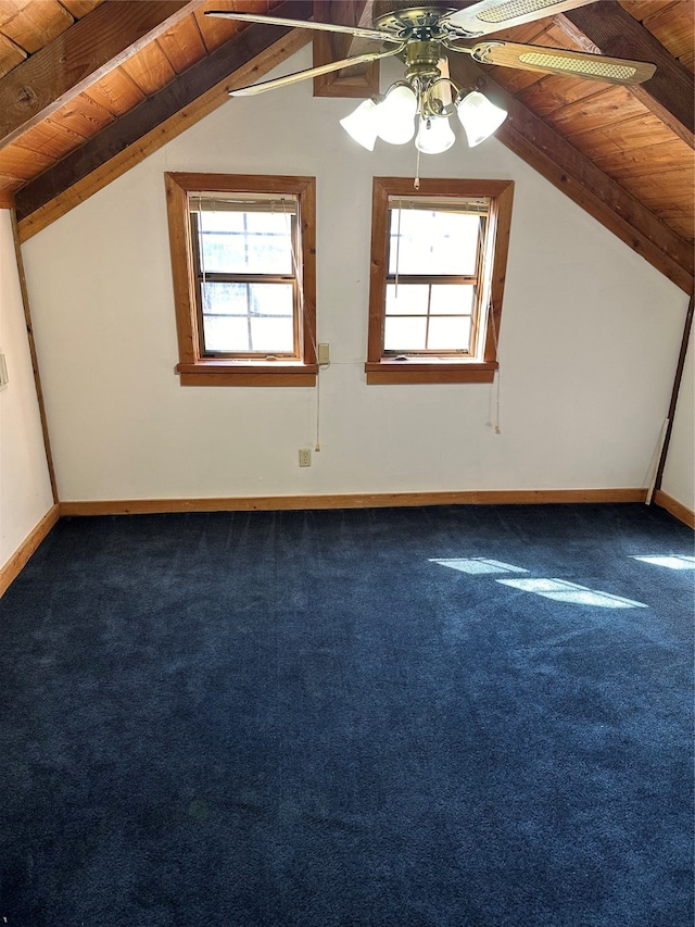 bonus room featuring ceiling fan, carpet floors, lofted ceiling with beams, and wooden ceiling